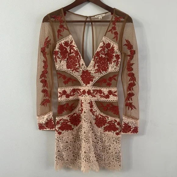 For Love And Lemons Long Sleeve Dress in Cream and Red - Picture 3 of 9
